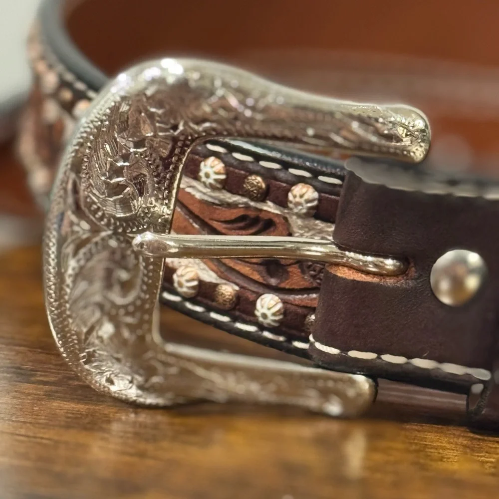 Twisted X Western Leather Belt Tooled Floral Studded Brown XL